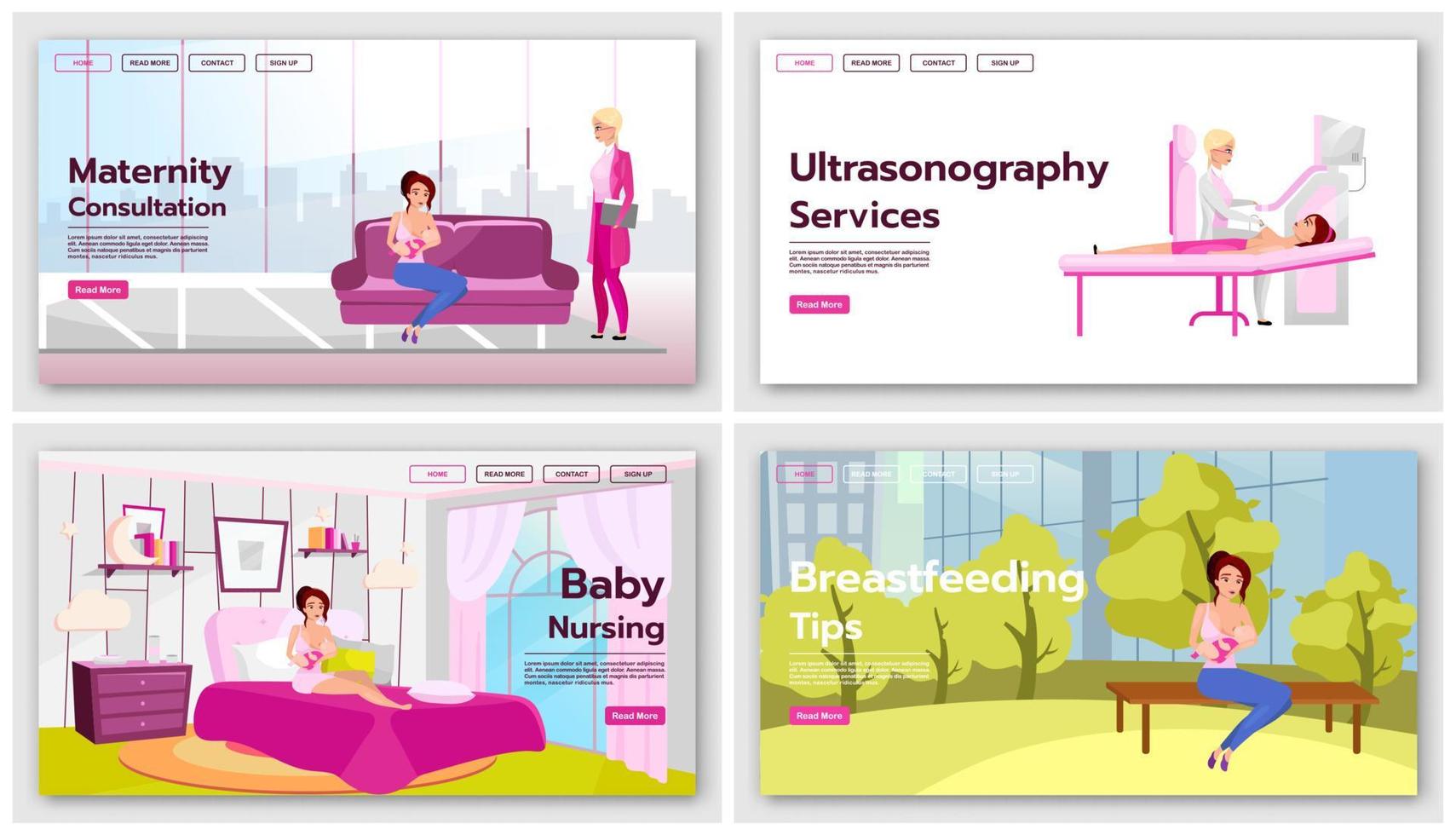 Motherhood and childcare landing page template set. Breastfeeding website interface idea with flat illustrations. Baby nursing, woman health screening homepage layout. Web banner, webpage concept vector