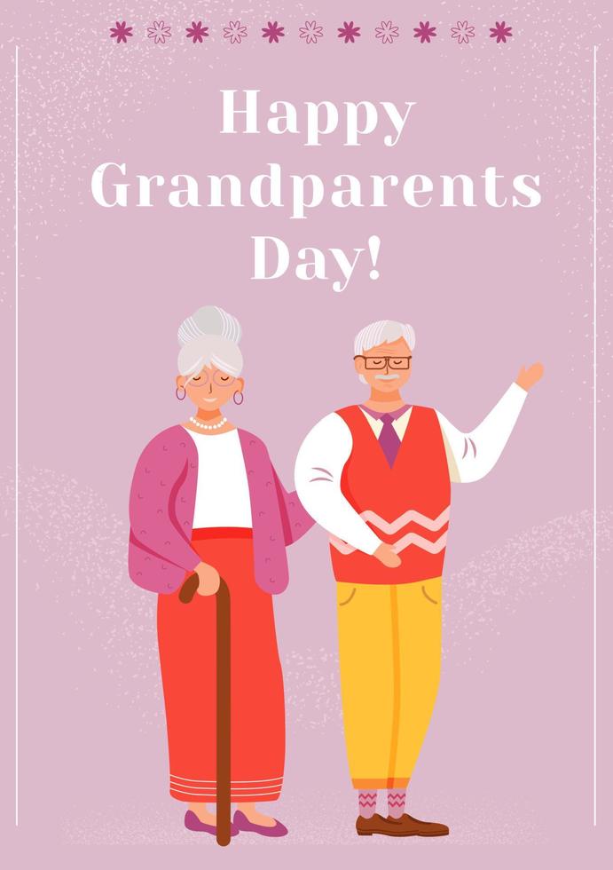 Happy grandparents day greeting card flat vector template. Smiling granny and grandpa on violet background. Seniors holiday postcard design layout. Poster, banner with cartoon characters and lettering