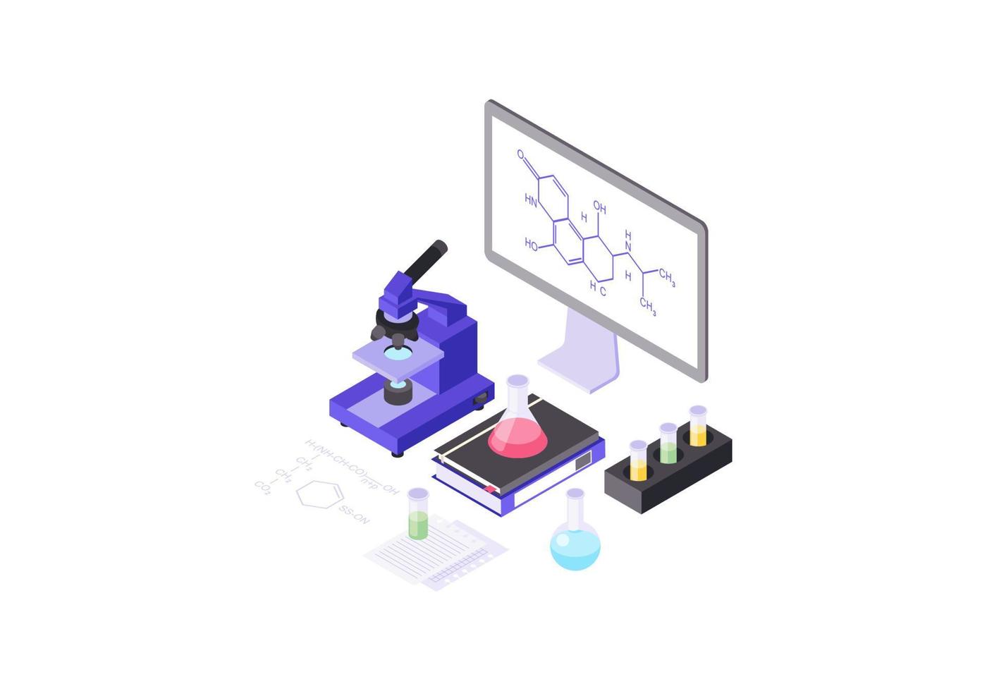 Microscope isometric color vector illustration. Chemical laboratory equipment infographic. Molecular biology, biochemistry research test tubes, liquid, flask, chemical molecule 3d concept