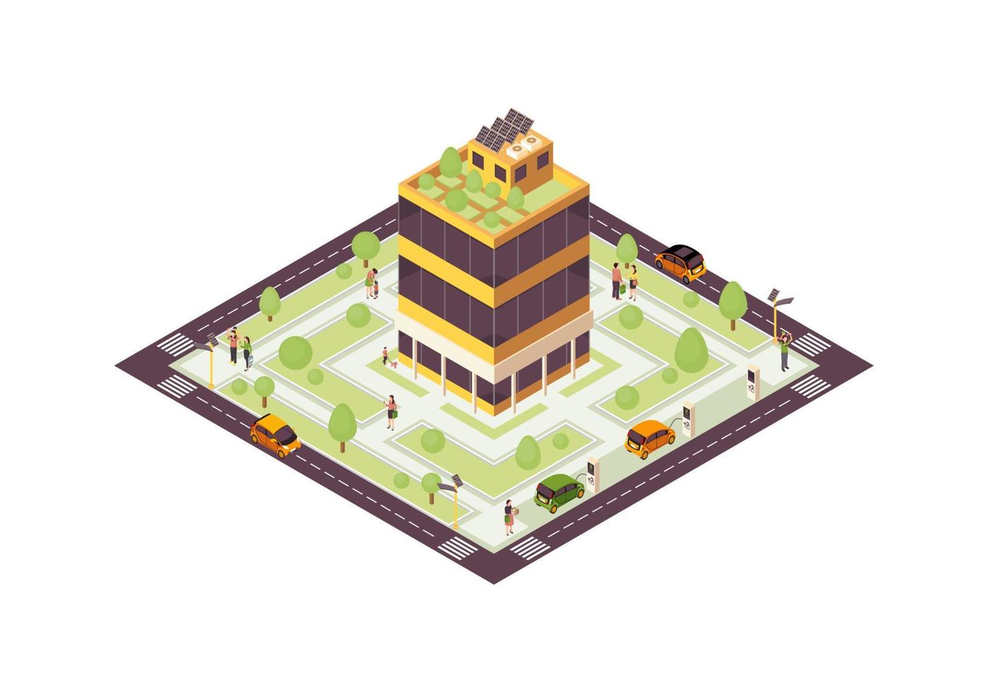 Eco city isometric color vector illustration. Smart building with solar grid, trees infographic. Green, sustainable, eco friendly house 3d concept. Renewable energy usage. Isolated design element