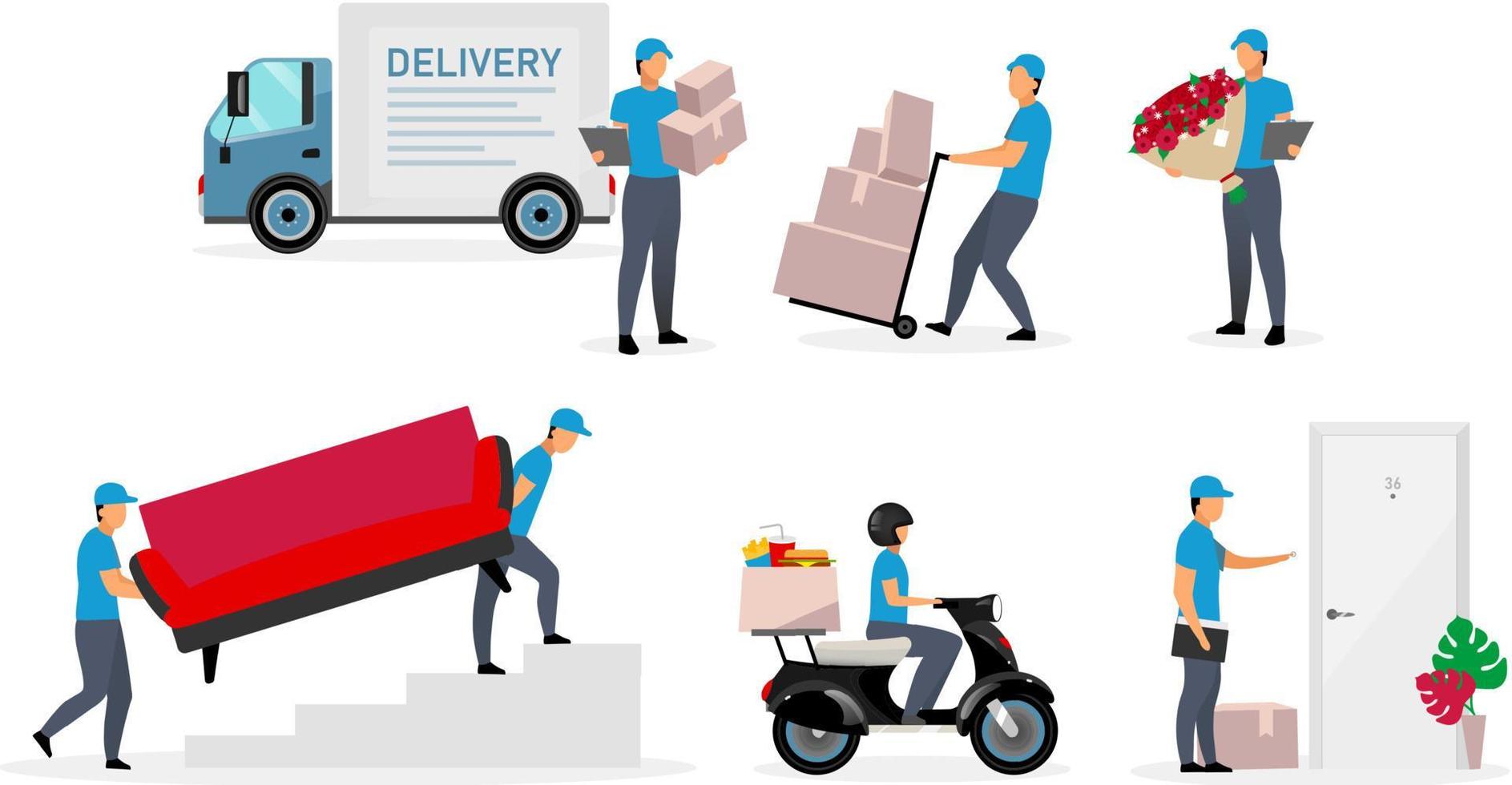 Delivery service flat vector illustrations set. Couriers, deliveryman, posman, loader with parcels isolated cartoon characters on white background. Door to door, flowers, food delivery concepts