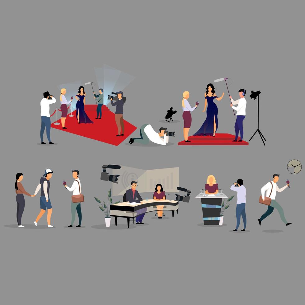 Journalist interviewing flat illustration set. Correspondents, photographers cartoon characters. Reporters, interviewers with microphone recording, broadcasting. Journalism, mass media, TV industry vector
