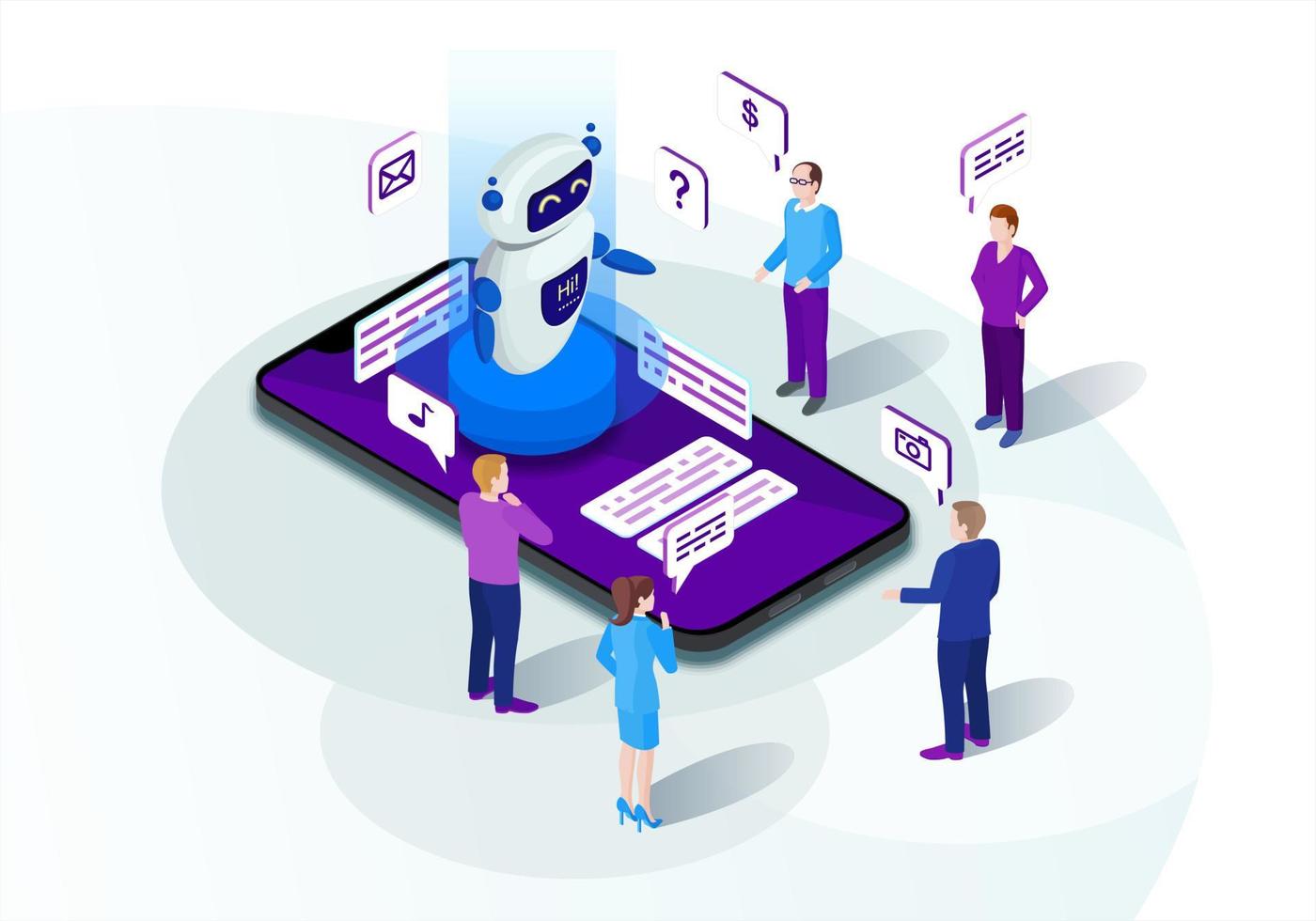 Chatbot isometric vector illustration. Chat bot receiving requests. Future marketing. Teacherbot. AI and business 3d concept. Website assistance. Customer service infographic. Mobile app design