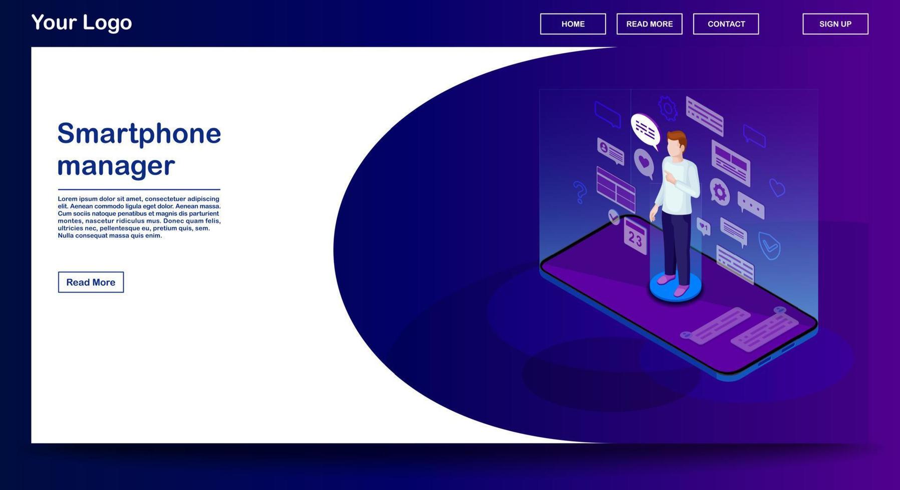 Smartphone manager webpage vector template with isometric illustration. Website interface design. Social media. Online communication. SMM. Blogging. Future marketing. Webpage, mobile app 3d concept