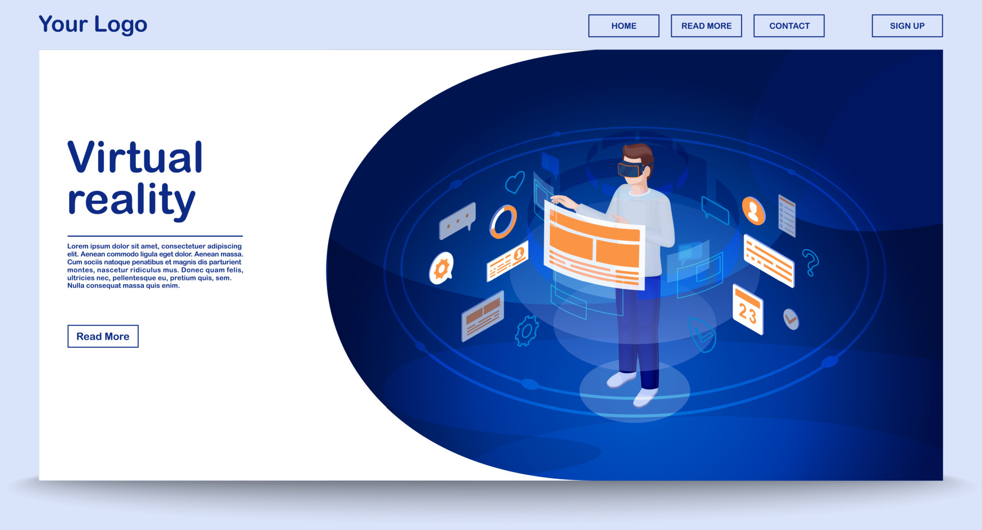 forvrængning Monopol Missionær Virtual reality UI webpage vector template with isometric illustration.  Website interface design. Futuristic digital technology. Augmented reality  3d concept. Player in VR headset. Web banner idea 4530843 Vector Art at  Vecteezy