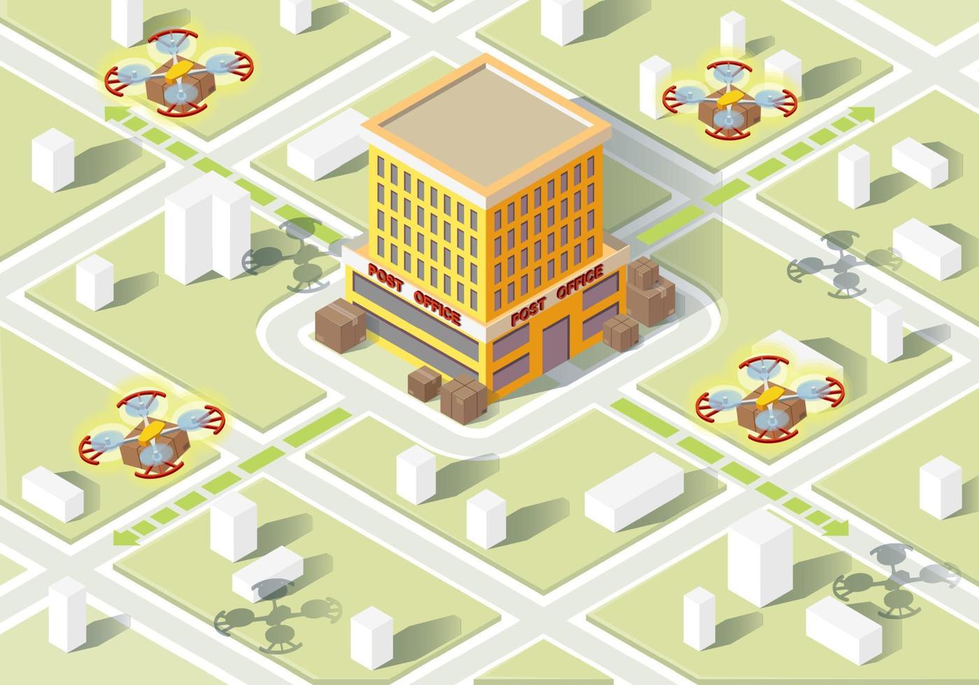 Smart air delivery isometric illustration. Drones with boxes flying from post office. Quadcopters delivery service. Air shipping infographic. Modern technologies. Web, app, banner design. Vector