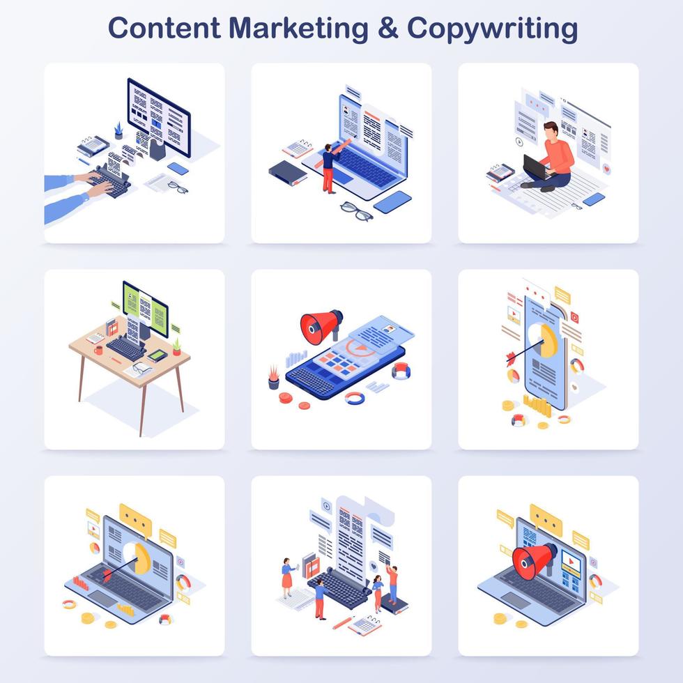 Content marketing and copywriting isometric concept vector icons set. Engaging content creating, media audience attraction. Online promotion, inbound marketing. Storytelling and online advertising