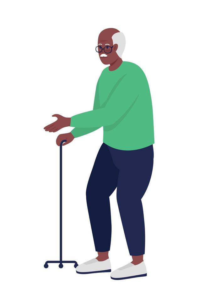 Elderly man walking semi flat color vector character. Posing figure. Full body person on white. Grandfather with stick isolated modern cartoon style illustration for graphic design and animation