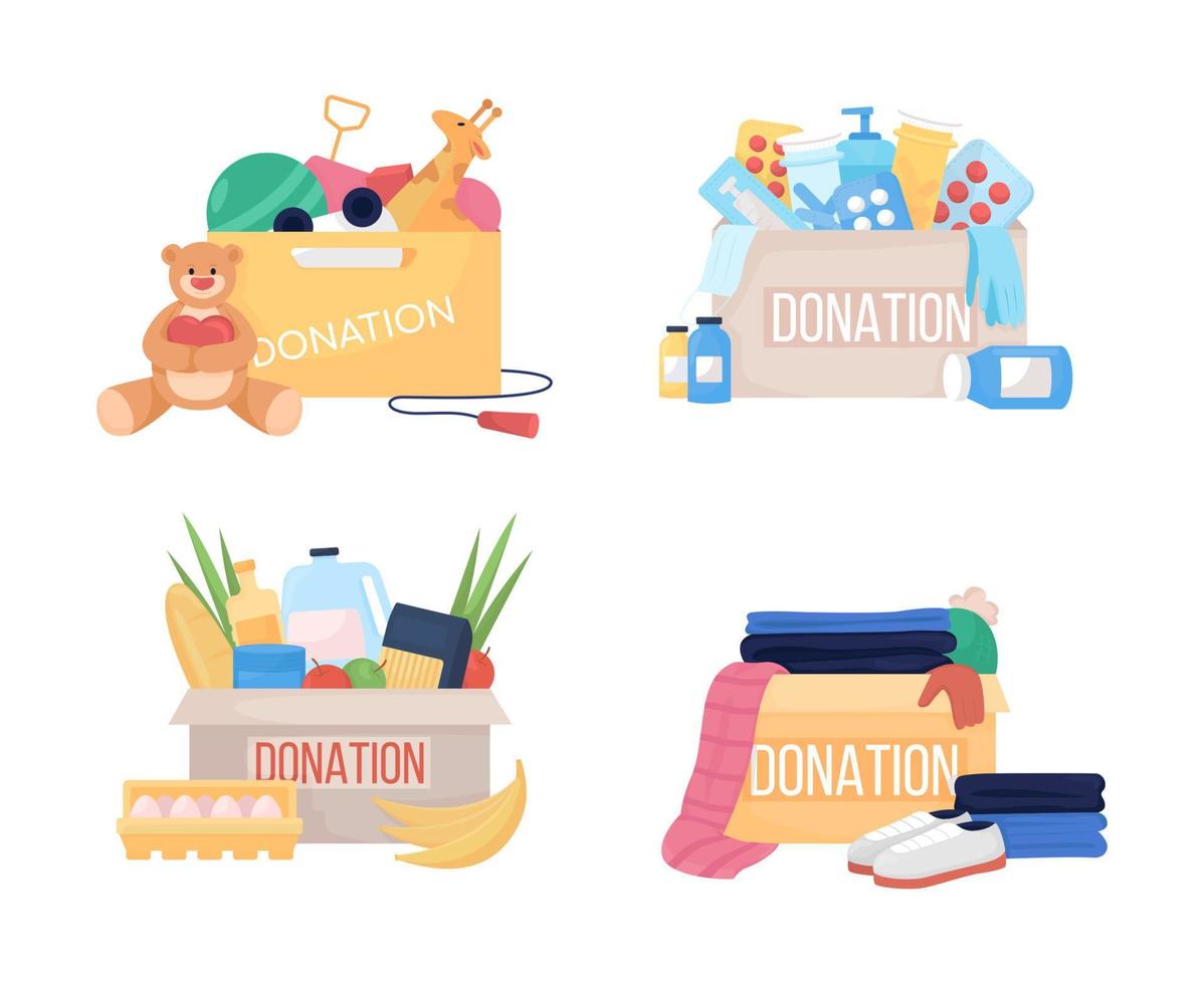 Donation box semi flat color vector item set. Full realistic object on white. Supply for humanitarian aid isolated modern cartoon style illustration for graphic design and animation