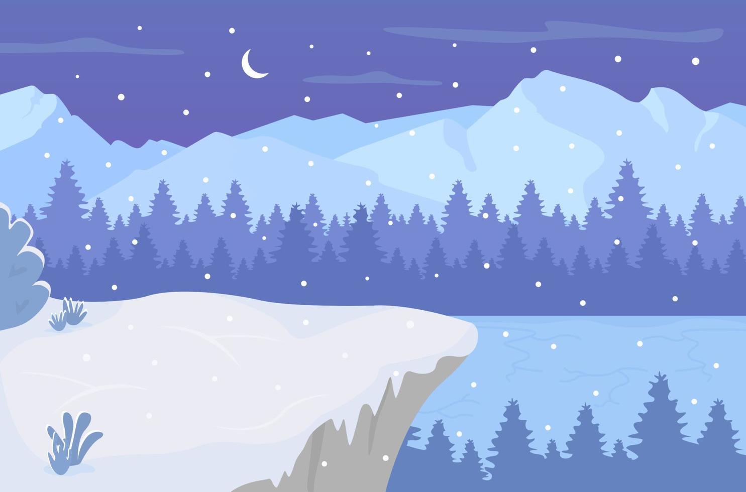Night on frozen lake flat color vector illustration. Snowflakes falling on hills in woodland. Wintertime snowy 2D cartoon landscape with nighttime sky with crescent moon on background