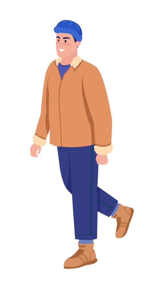 Hombre disfrutando de caminar carácter vectorial de color semi plano.  figura que camina. persona de cuerpo