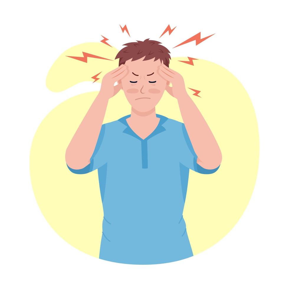 Man with headache semi flat color vector character. Posing figure. Full body person on white. Post covid syndrome isolated modern cartoon style illustration for graphic design and animation