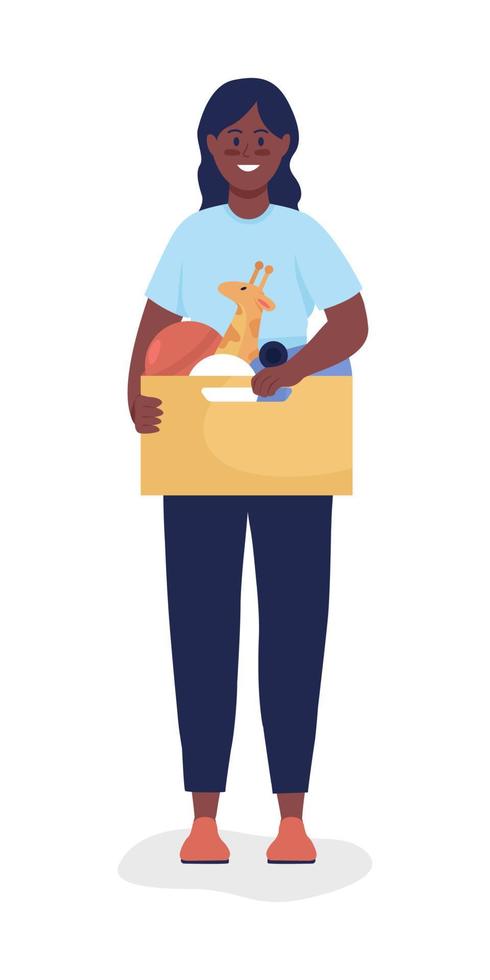 Woman donating toys in box semi flat color vector character. Posing figure. Full body person on white. Social service isolated modern cartoon style illustration for graphic design and animation