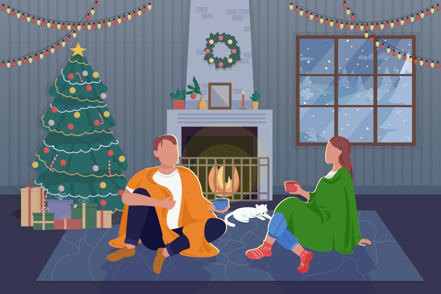 Romantic winter evening flat color vector illustration. Celebrating Christmas together near tree with presents. Couple sitting at fireplace at home 2D cartoon characters with interior on background