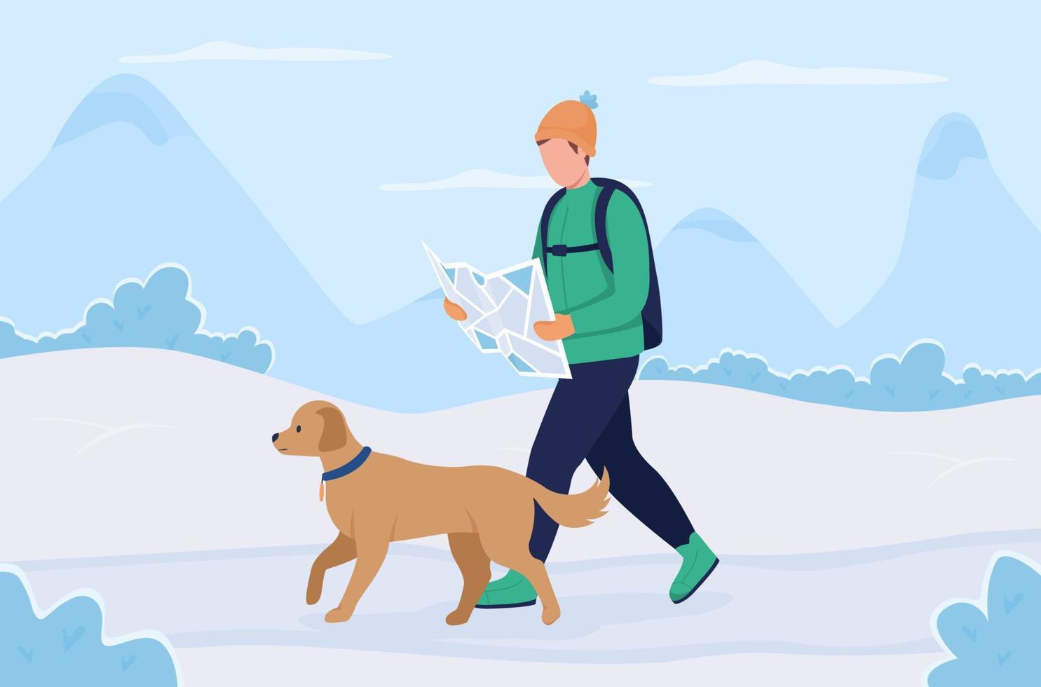 buscando ilustración de vector de color plano de ruta de senderismo. chico buscando camino de trekking. Hombre con mapa caminando con perro personajes de dibujos animados 2d con montaña de invierno en el fondo