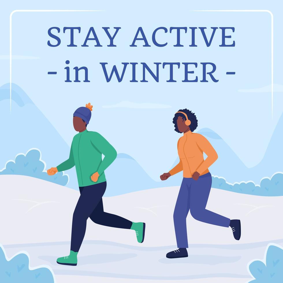 Seasonal sport social media post mockup. Stay active in winter phrase. Web banner design template. Acitivity booster, content layout with inscription. Poster, print ads and flat illustration vector