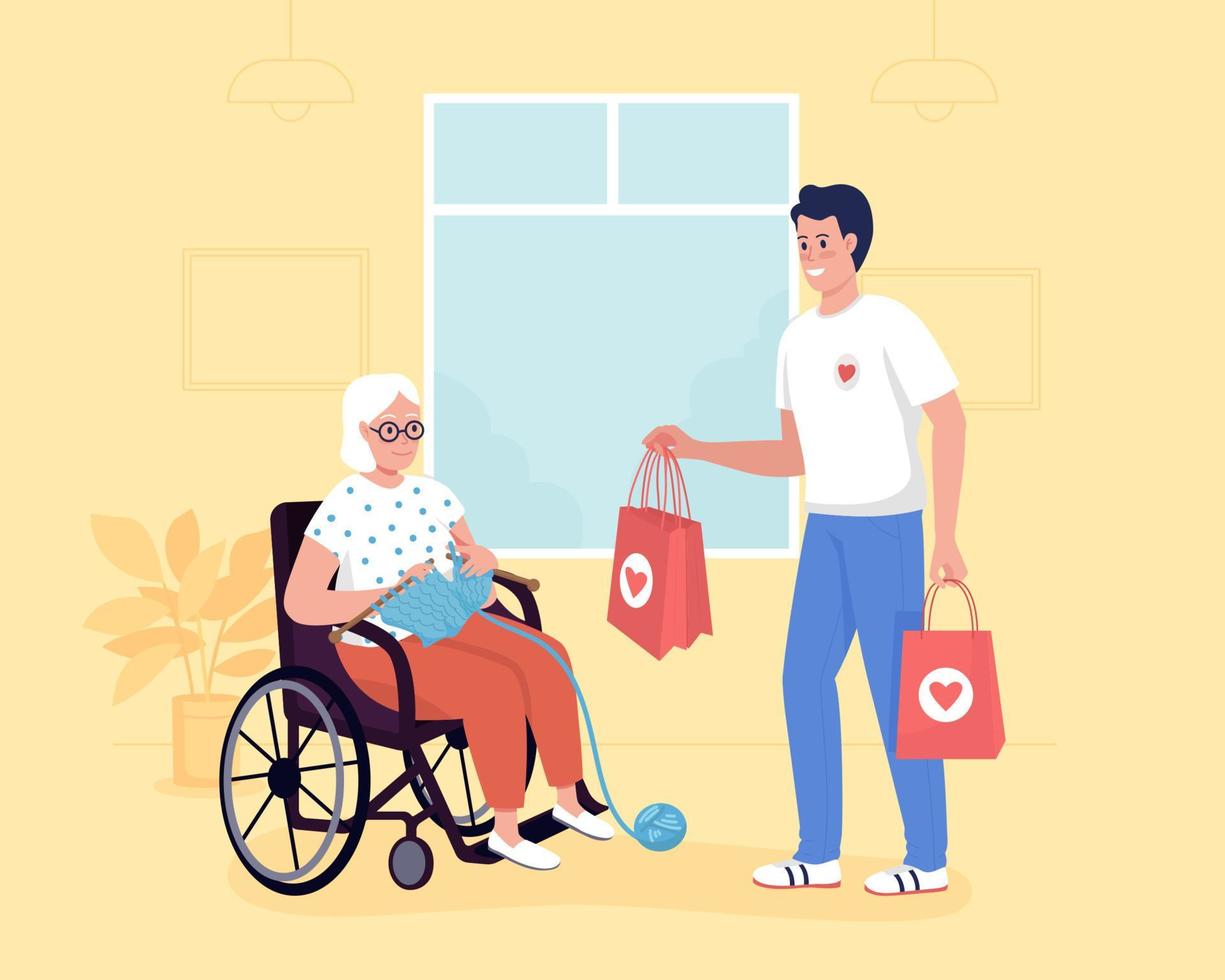 Charity for elderly flat color vector illustration. Volunteer visititing disabled senior woman. Grandmother with social service worker 2D cartoon characters with nursery home interior on background