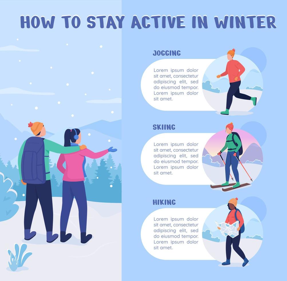 How to stay active in winter flat color vector infographic template. Poster with text, PPT page concept design with cartoon characters. Creative data visualization. Info banner idea