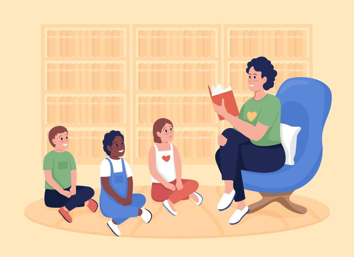 Volunteer in kids library flat color vector illustration. Activist with children listening to