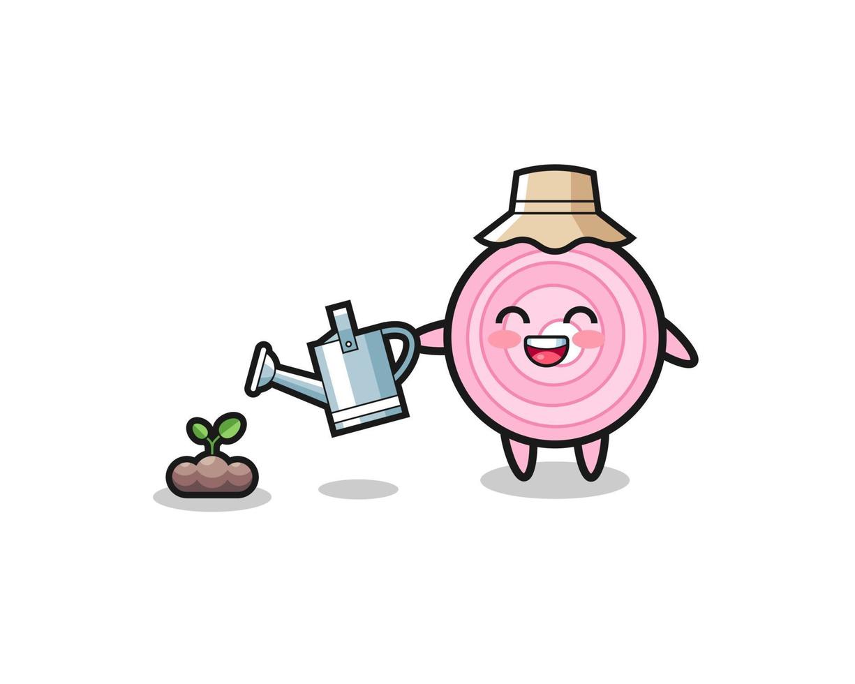 cute onion rings is watering plant seeds vector