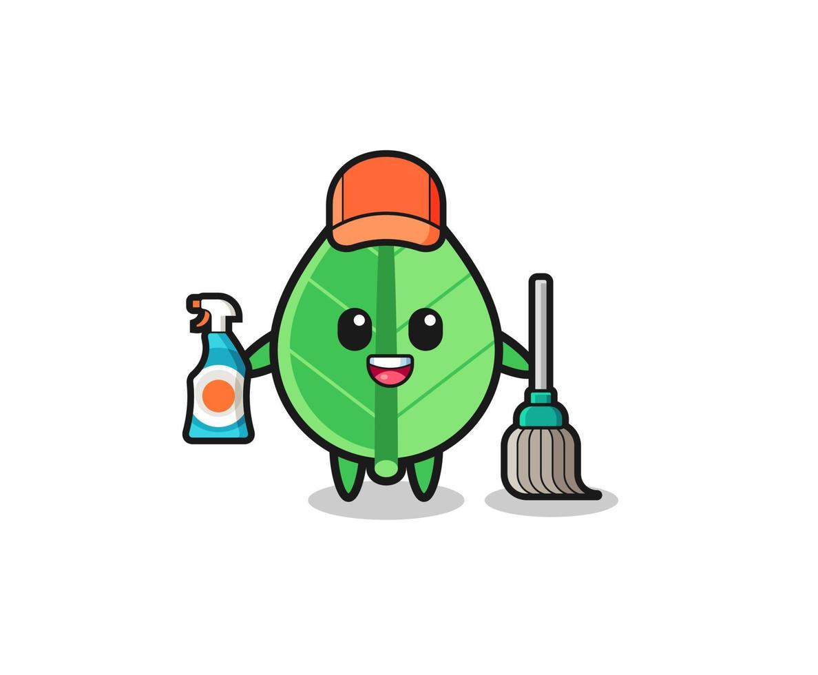 lindo personaje de hoja como mascota de servicios de limpieza vector