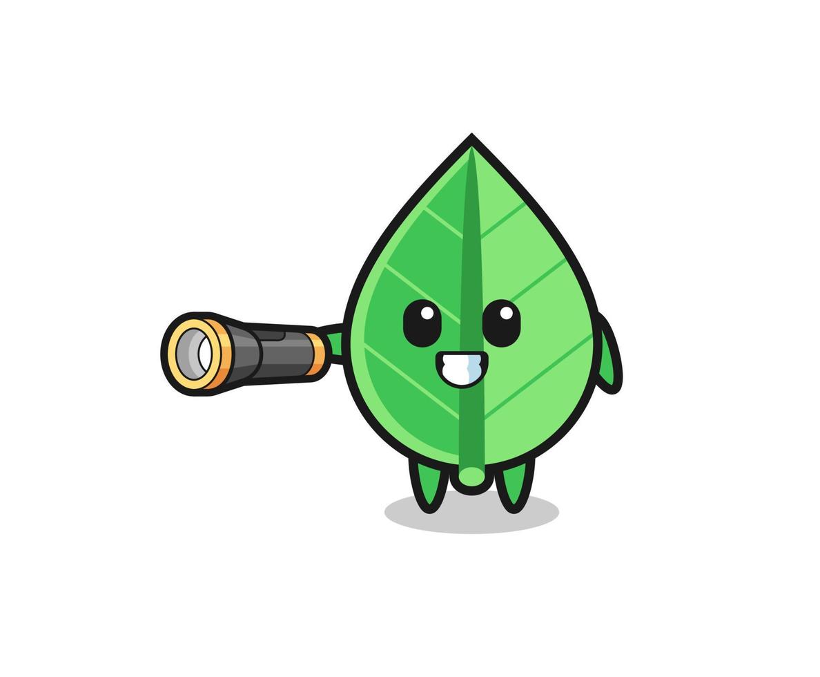 leaf mascot holding flashlight vector