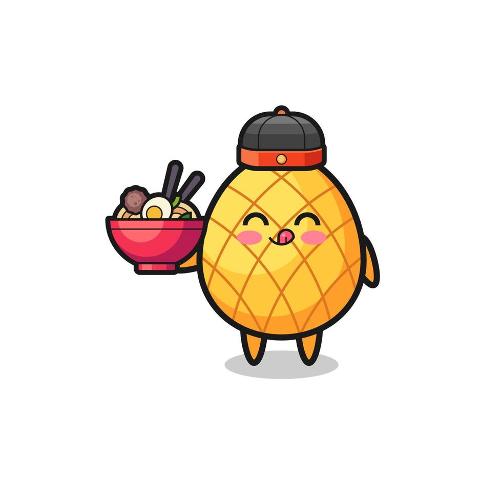 pineapple as Chinese chef mascot holding a noodle bowl vector