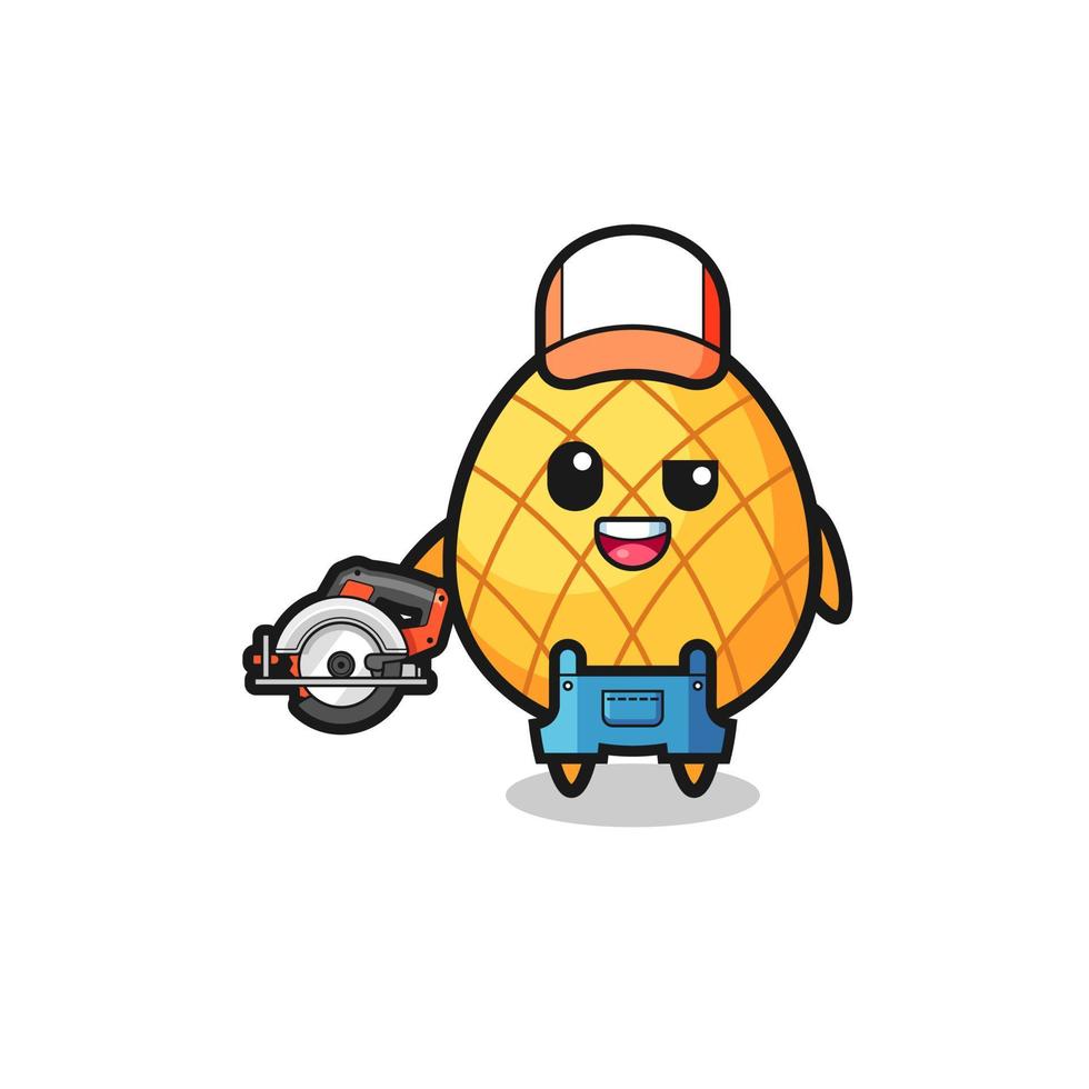 the woodworker pineapple mascot holding a circular saw vector