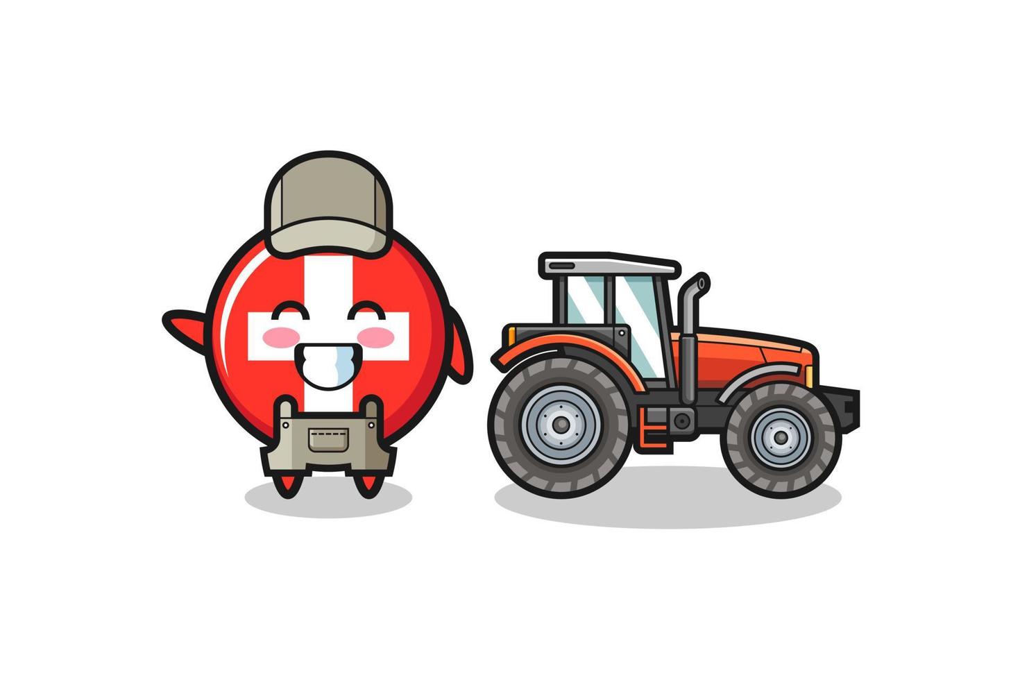 the switzerland farmer mascot standing beside a tractor vector