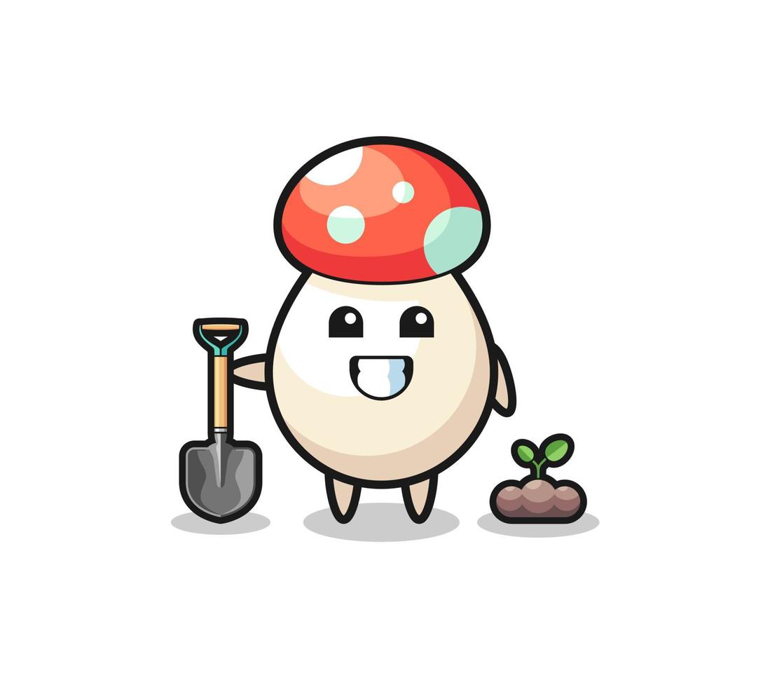 cute mushroom cartoon is planting a tree seed vector