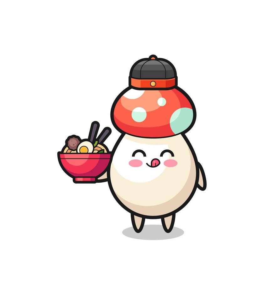 mushroom as Chinese chef mascot holding a noodle bowl vector