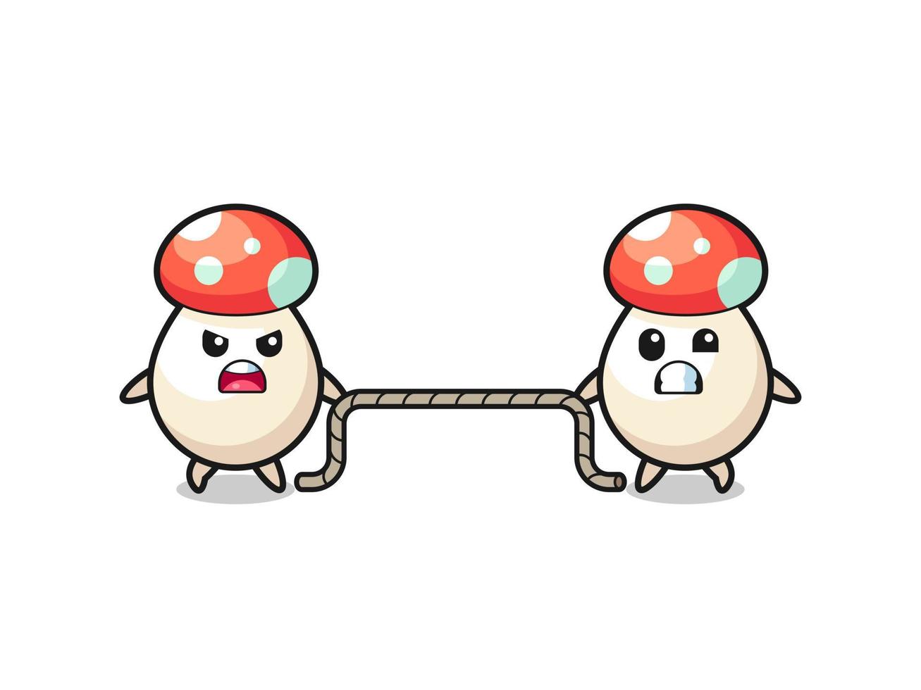 cute mushroom character is playing tug of war game vector