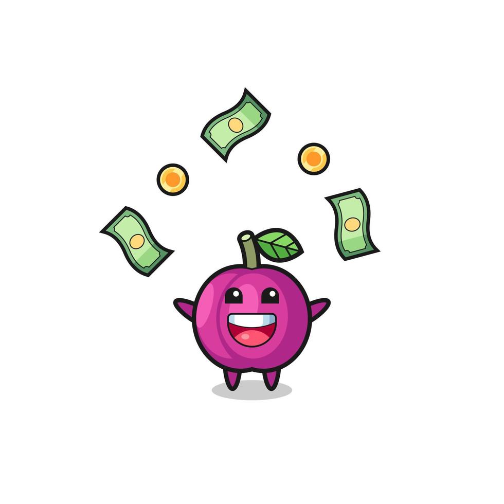 illustration of the plum fruit catching money falling from the sky vector