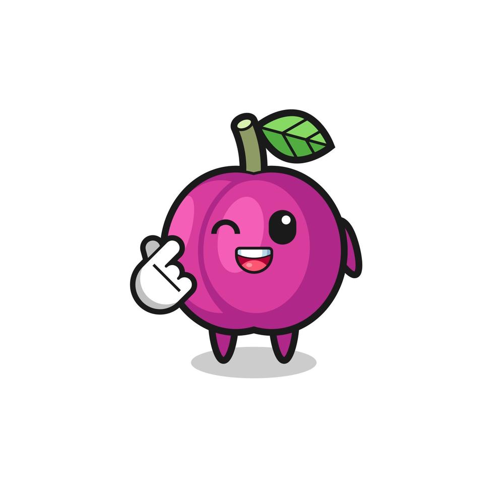 personaje de fruta de ciruela haciendo corazón de dedo coreano vector