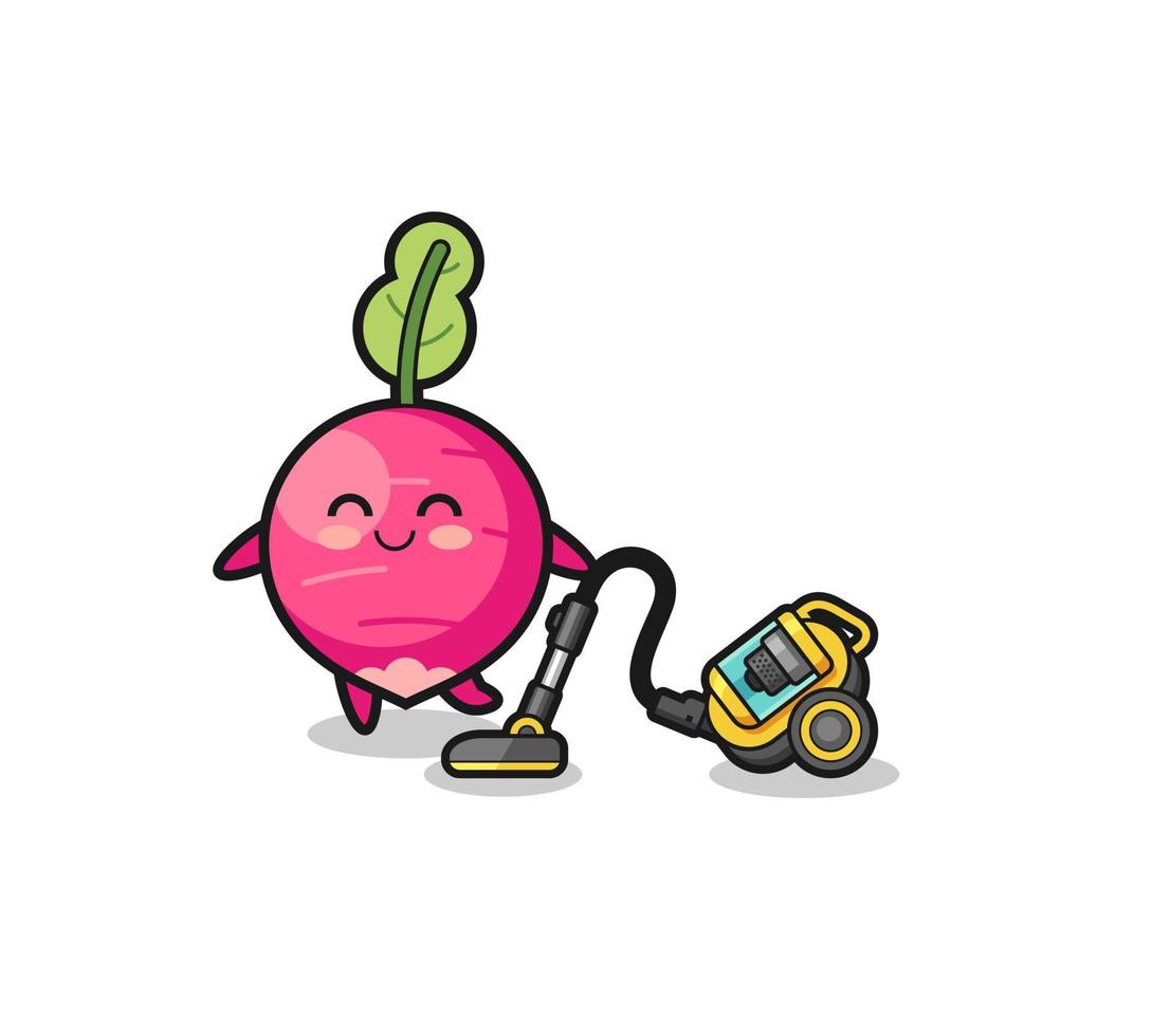 cute radish holding vacuum cleaner illustration vector