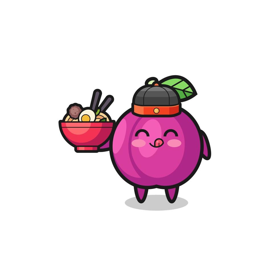 plum fruit as Chinese chef mascot holding a noodle bowl vector