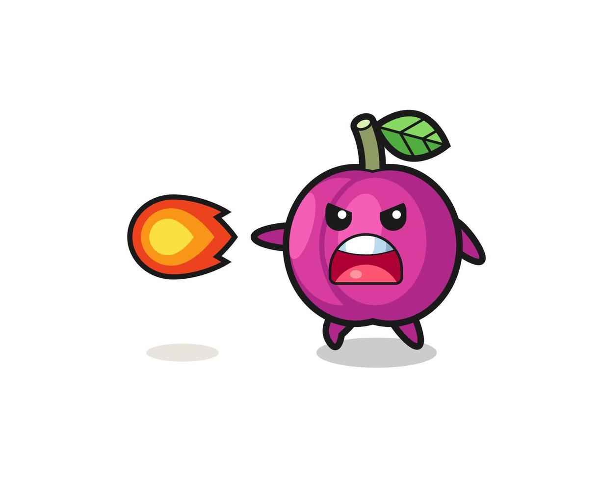 cute plum fruit mascot is shooting fire power vector