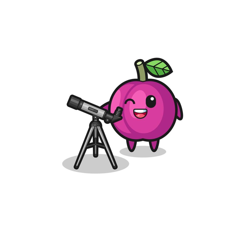 plum fruit astronomer mascot with a modern telescope vector