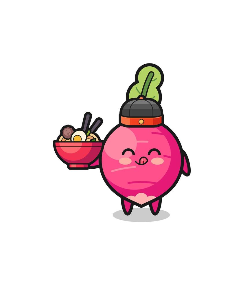 radish as Chinese chef mascot holding a noodle bowl vector