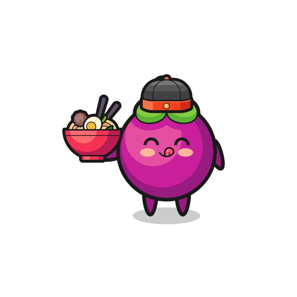 mangosteen as Chinese chef mascot holding a noodle bowl vector