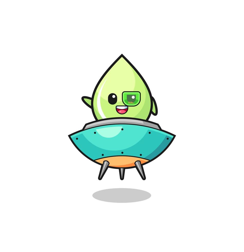 dibujos animados de gota de jugo de melón montando una futura nave espacial vector