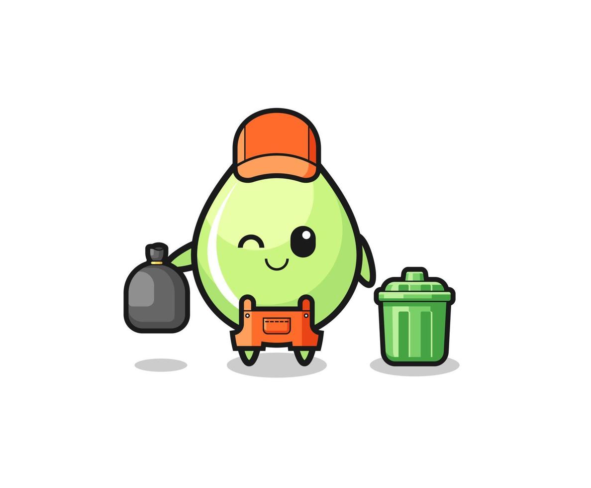 la mascota de la linda gota de jugo de melón como recolector de basura vector