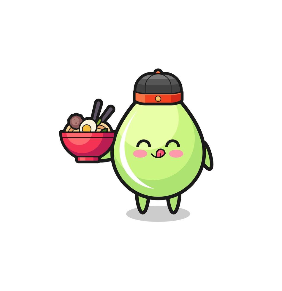 gota de jugo de melón como mascota del chef chino sosteniendo un tazón de fideos vector