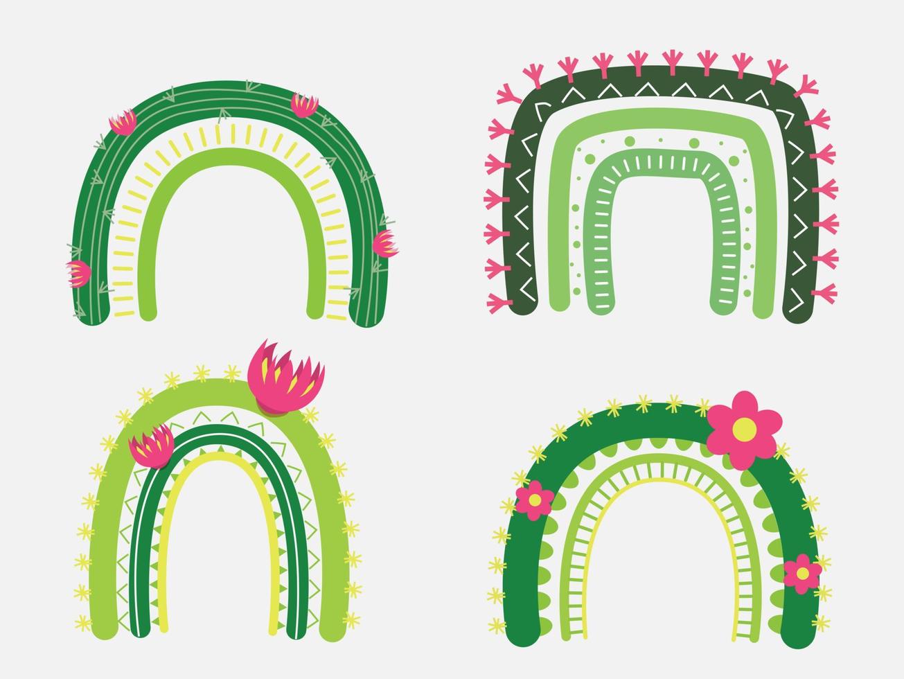 Arco iris de cactus verde con ilustrador de vector de diseño de flores