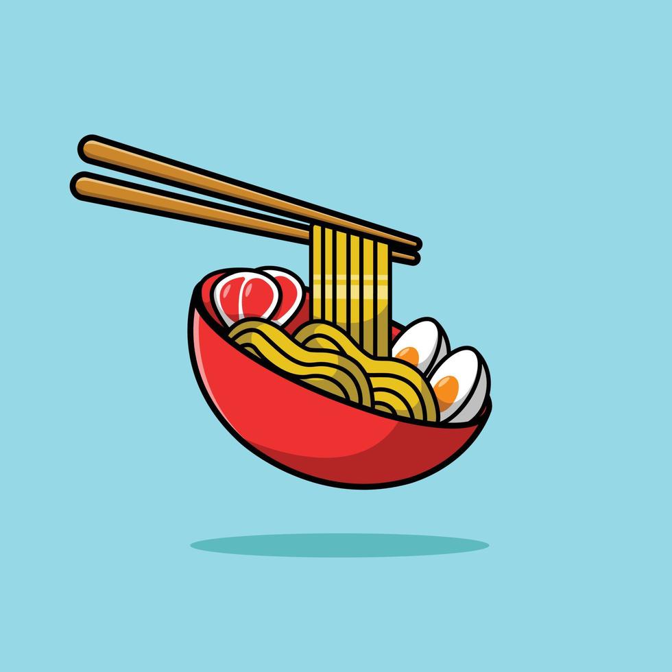 Huevo y carne de fideos ramen con ilustración de icono de vector de dibujos animados de palillos