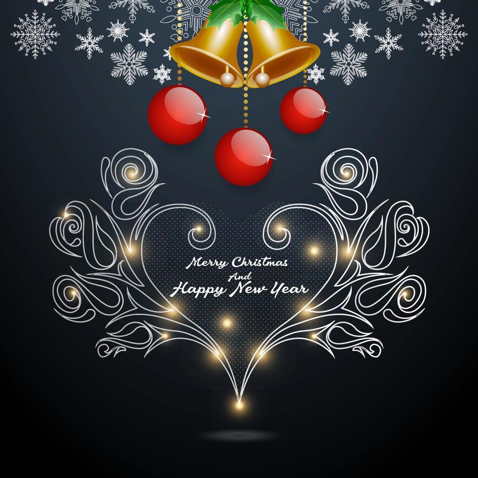 christmas card silver heart shape with silver ornaments vector