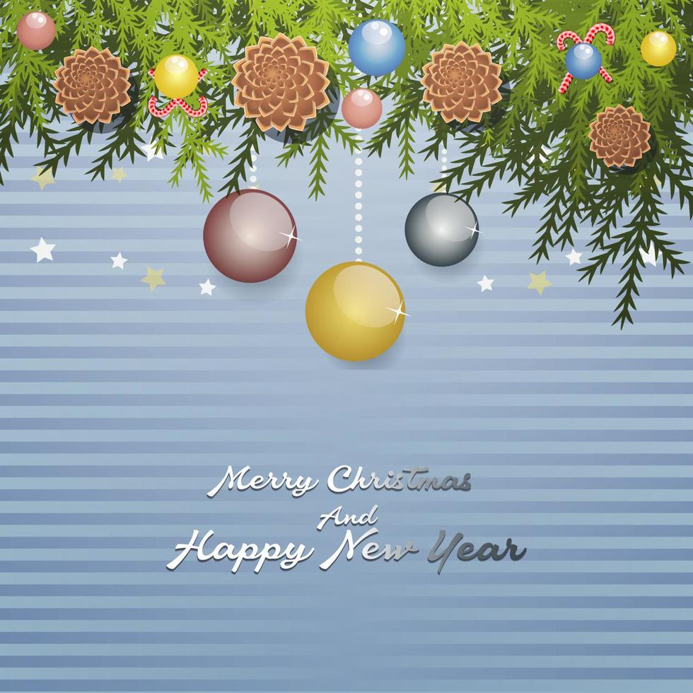 christmas card withballs and pineleaf ornaments vector