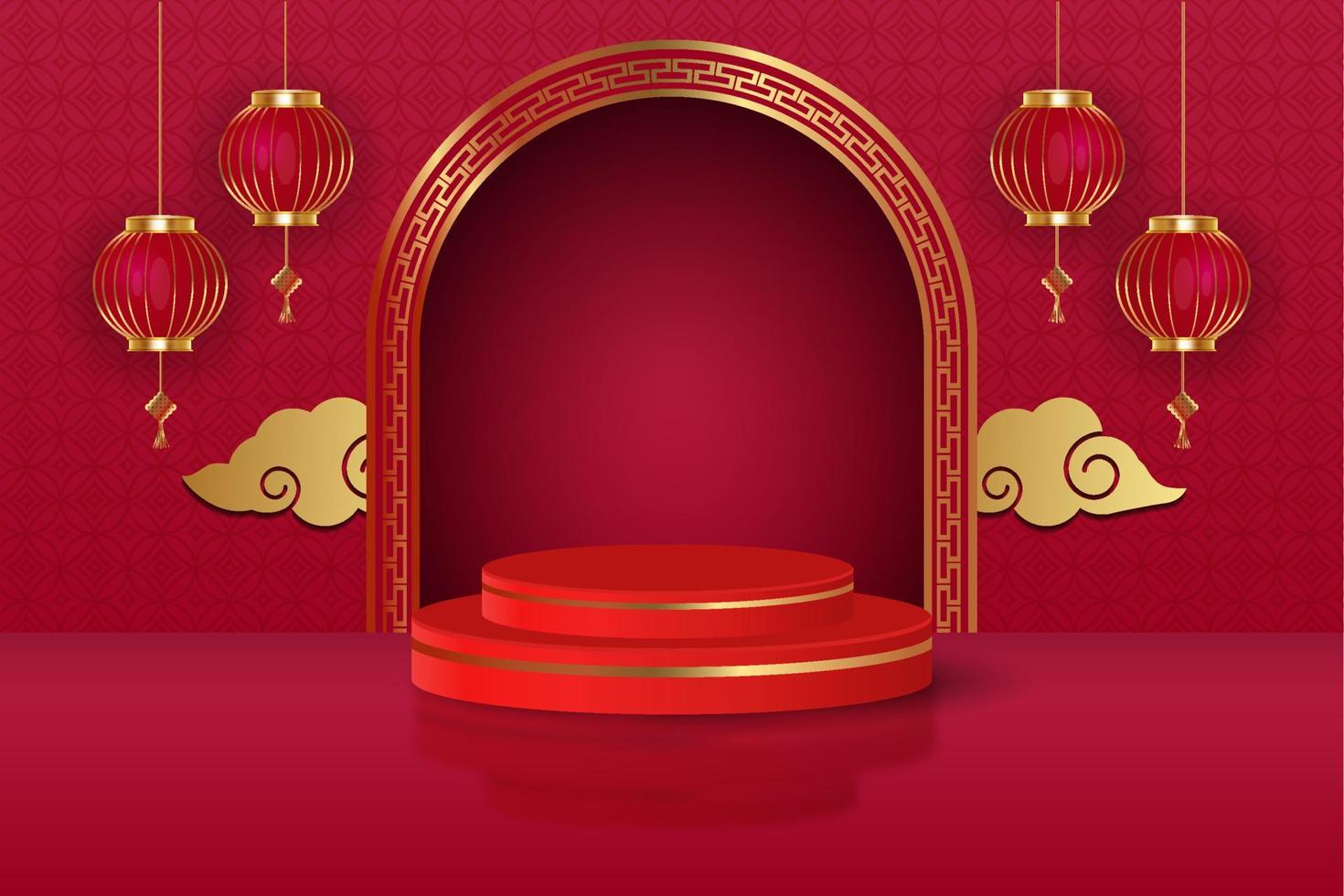 3d rounded podium for chinese new year theme with ornament lantern and cloud. luxury Chinese new year podium vector