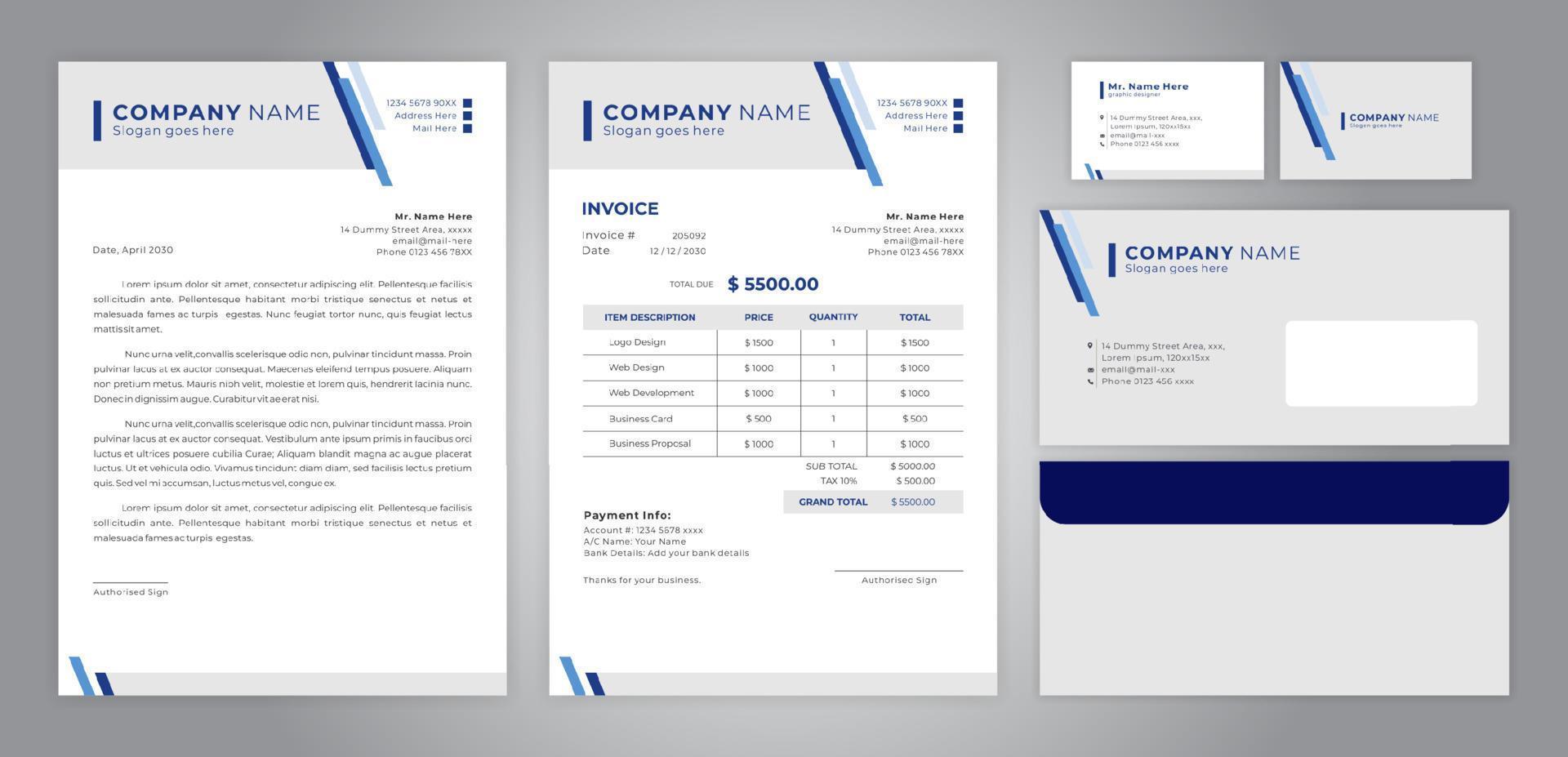 set of letter head, invoice, business card and envelope vector