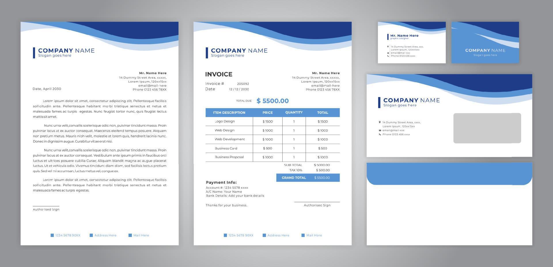 set of letter head, invoice, business card and envelope vector